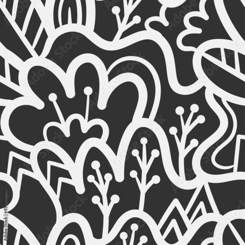 Seamless pattern with different plants on black background. Vector print with herbs. Cartoon doodle forest.
