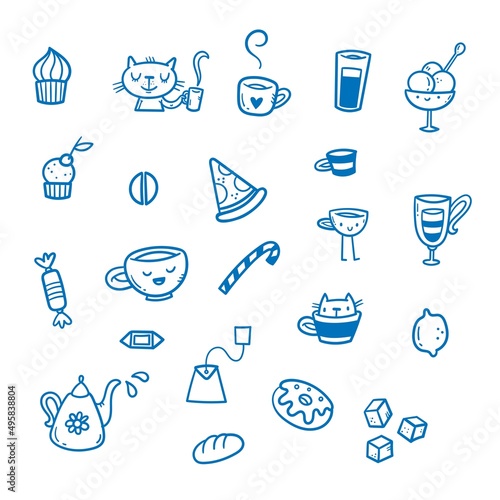 Vector coffee set. Doodle cafe collection. Cute print things food, drinks and utensils.