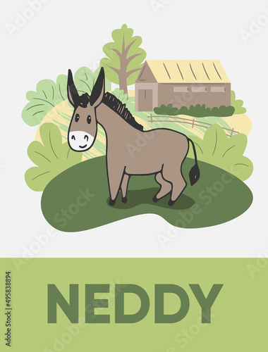 Neddy in the pasture, farm animal card
