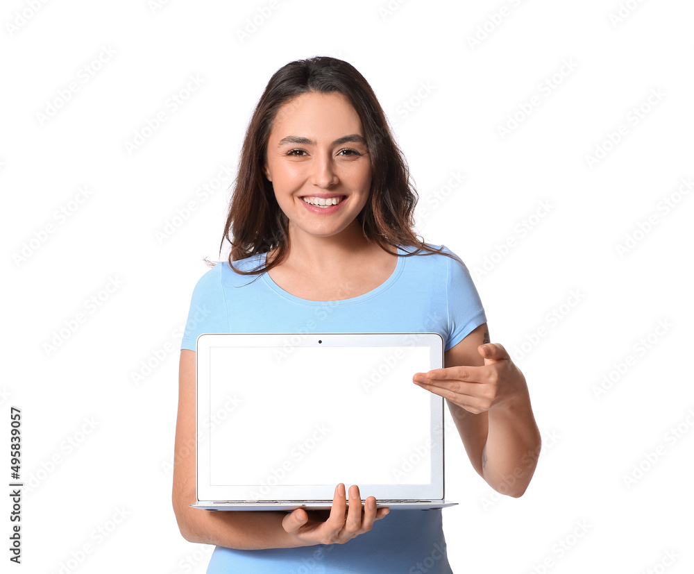 Fototapeta premium Happy young woman with laptop isolated on white