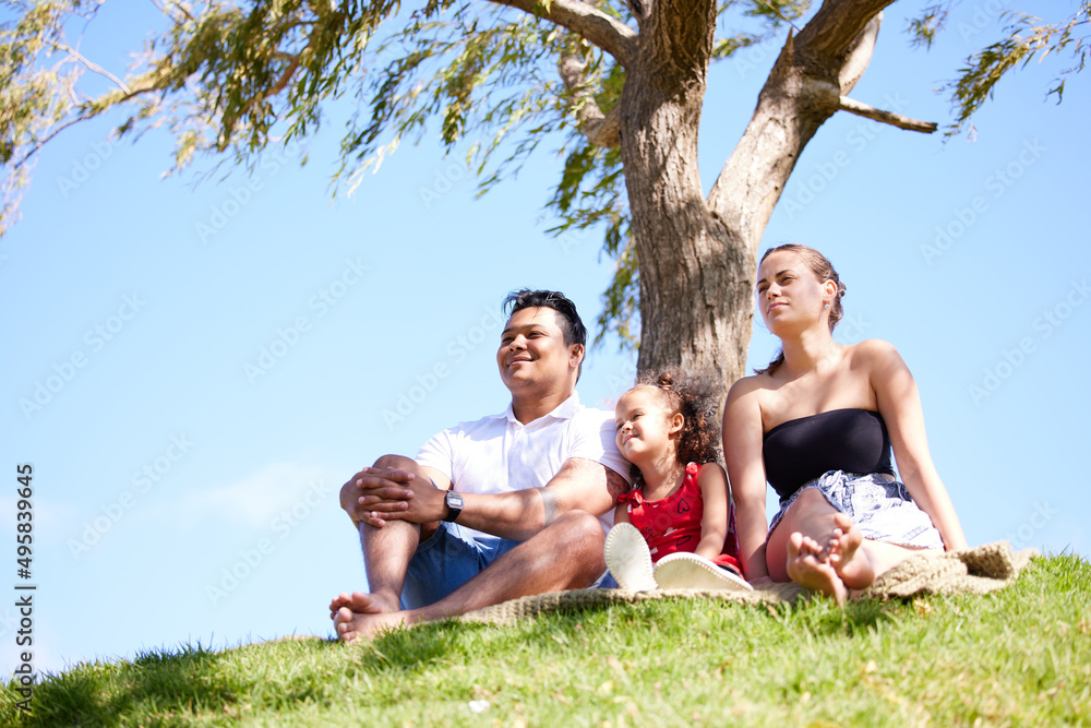 Theres always time for a family outing. Shot of a little girl on a picnic at the park with her parents. Theres always time for a family outing. Shot of a little girl on a picnic at the park with her parents.