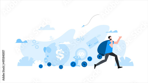 Man runs with leaky bag behind his back from which coins pouring out. Animation ready duik friendly vector. Conceptual business story. Financial crisis, economic recession, bankruptcy, depression.