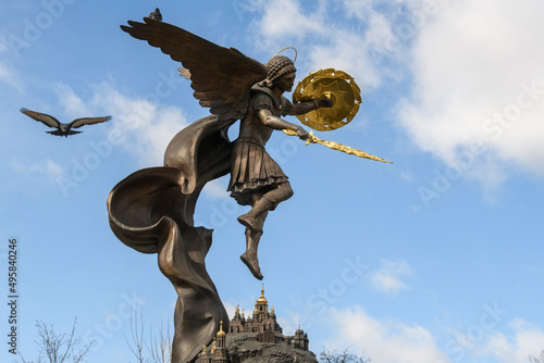 Canvas Print Sculpture of Saint Michael the Archangel the, guardian of Kyiv in Volodymyr Hill park in Kyiv, Ukraine