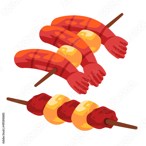 Prawn shrimp skewer meat barbeque satay stick traditional chinese asian food drawing illustration
