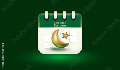 ramadan calendar icon. gold crescent moon and star with calendar design concept of islamic ramadan kareem background 3d vector illustration style.