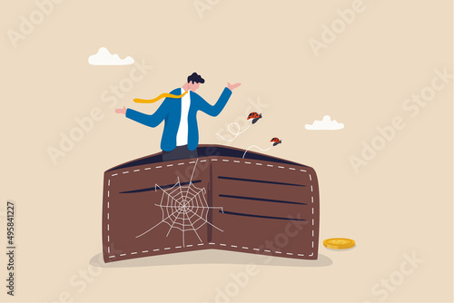 Poor or poverty with empty wallet, financial problem, trouble to pay rent or loan, bankruptcy or unemployment concept, broke businessman stand with empty wallet with bugs fly around and spider web.