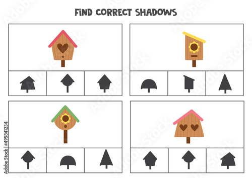 Find correct shadow of birdhouses. Printable clip card games for children.