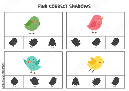 Find correct shadow of birds. Printable clip card games for children.