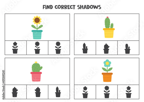 Find correct shadow of flowers. Printable clip card games for children.