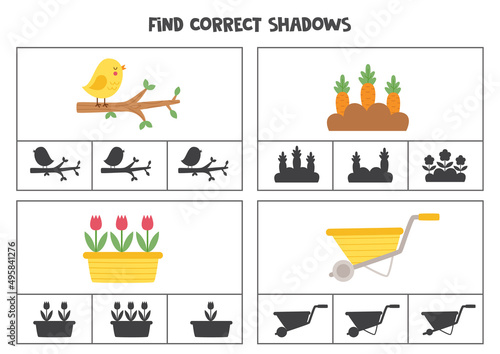 Find correct shadow of spring pictures. Printable clip card games for children.