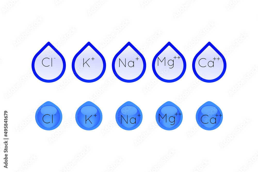 Set of blue electrolyte modern icons - Calcium, Sodium, Magnesium, Potassium and Chlorine ion symbols for Mineral product, mineralized water, health care and education Set of blue electrolyte modern icons - Calcium, Sodium, Magnesium, Potassium and Chlorine ion symbols for Mineral product, mineralized water, health care and education