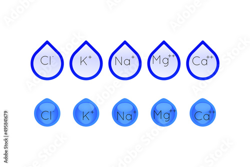 Set of blue electrolyte modern icons - Calcium, Sodium, Magnesium, Potassium and Chlorine ion symbols for Mineral product, mineralized water, health care and education