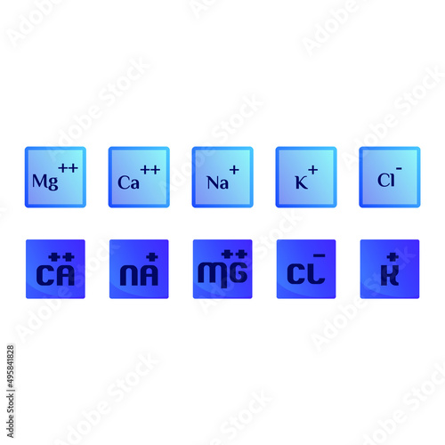 Set of blue electrolyte modern icons - Calcium, Sodium, Magnesium, Potassium and Chlorine ion symbols for Mineral product, mineralized water, health care and education
