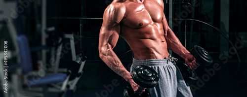 Banner templates with muscular man, muscular torso, six pack abs muscle. Male bare torso. Fitness workout with dumbbells. Gym training. Man with six packs.