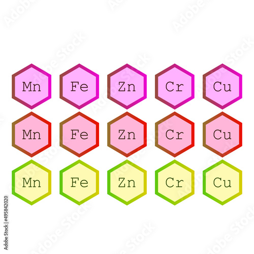 Set of 5 common metal electrolyte symbols - Iron, Chrome, Manganese, Copper and Zinc colorful icons. Design elements for website, labels, stickers and products. Eps 10 vector illustration.