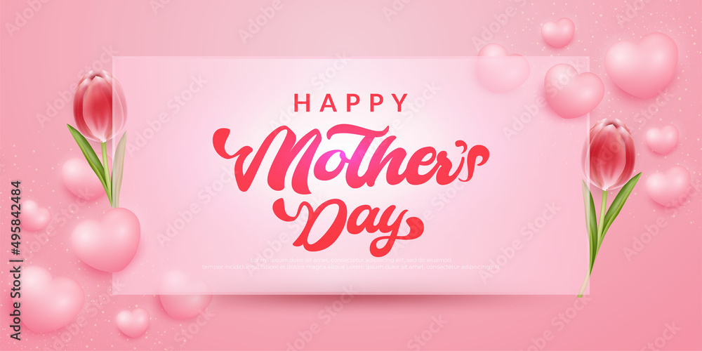 Realistic banner Mothers day background with square glass decorated and flyng 3d heart