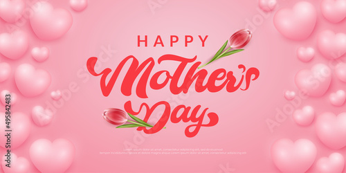 Realistic banner Mothers day with tulips illustration and 3d love