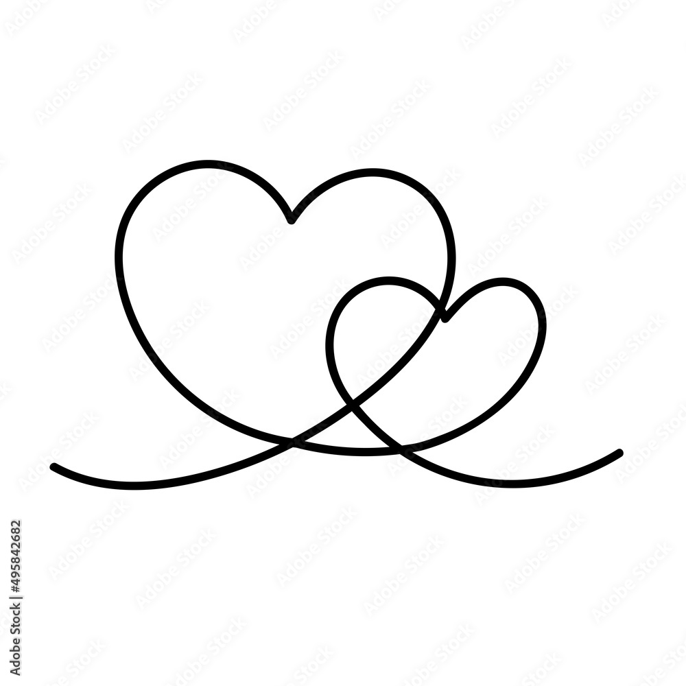 Two hearts. Romantic continuous one line drawing connecting two hearts, love valentine sign, tattoo art minimalist design vector sketch concept Two hearts. Romantic continuous one line drawing connecting two hearts, love valentine sign, tattoo art minimalist design vector sketch concept