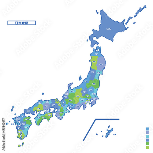 日本地図 都道府県名 雨の日カラーで色分けマップ