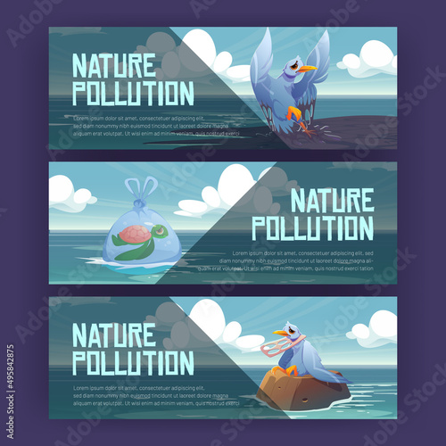 Nature pollution cartoon banners. Wild animals suffer of plastic garbage and oil in ocean and sea water. Gull and turtle stuck in trash and wastes. Ecology, environment contamination Vector concept