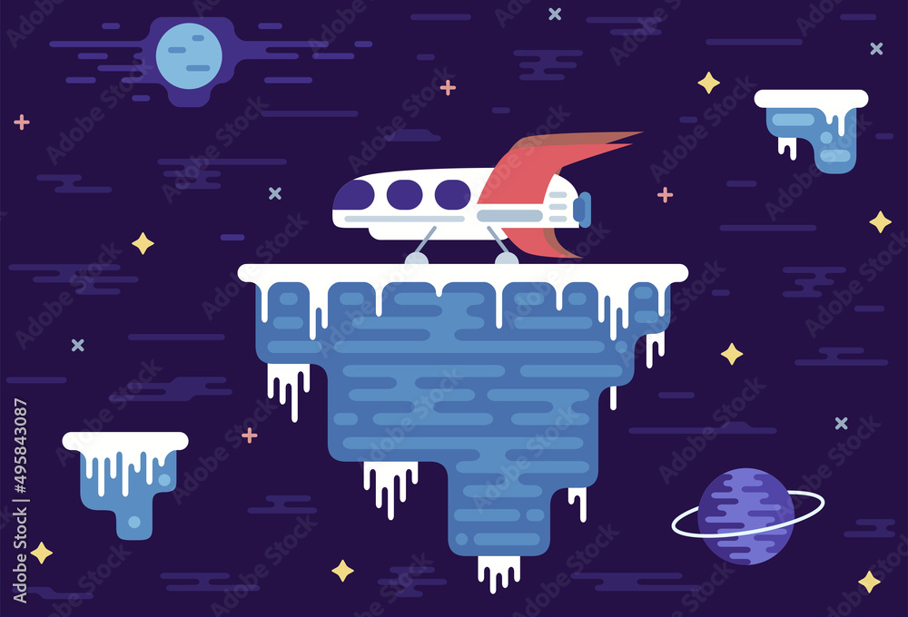 Spaceship on an icy asteroid. Vector illustration in flat cartoon stile ...