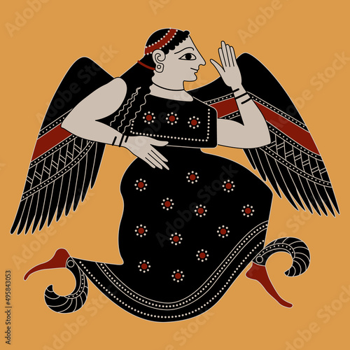 Winged ancient Greek goddess Eris or Nike. Vase painting style.