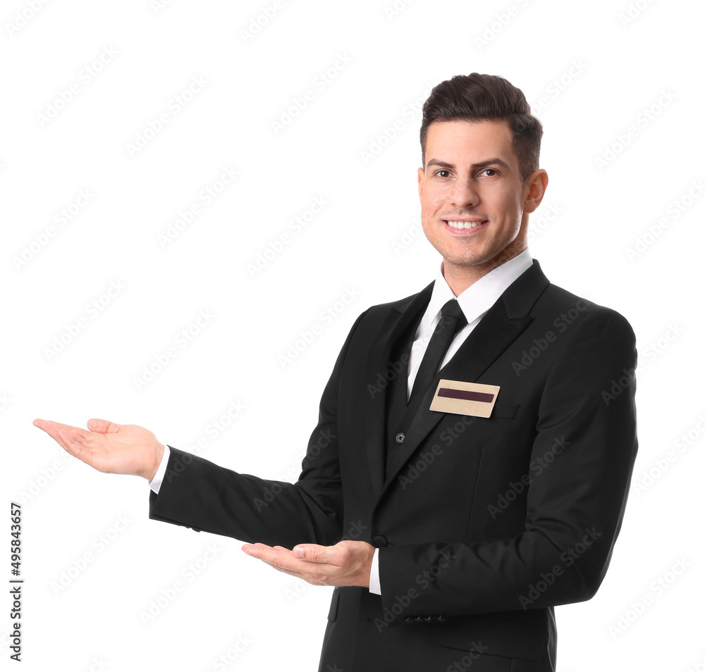 Portrait of happy receptionist in uniform on white background Portrait of happy receptionist in uniform on white background