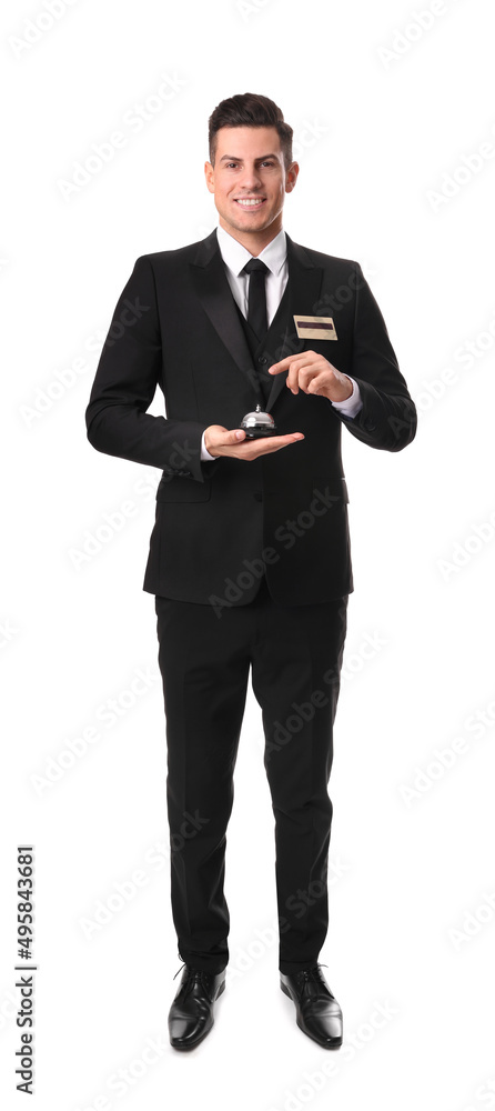Happy receptionist in uniform holding service bell on white background Happy receptionist in uniform holding service bell on white background