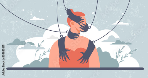 The concept of domestic violence, harassment at work, female sexual psychological trauma. Illustration about psychological assistance to women victims of rape. Vector illustration in flat design.