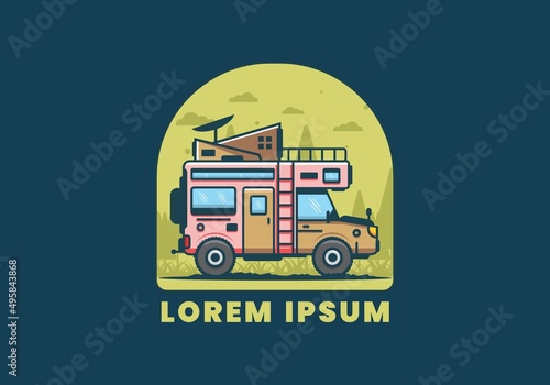 Strong big camper van camping illustration