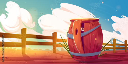Wild west landscape, american ranch with wooden fence and barrel. Vector cartoon illustration of western desert, country scene with someone hiding in wood barrel