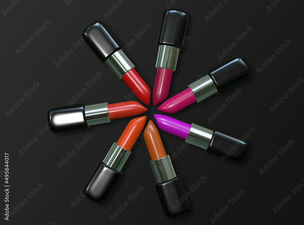 colorful lipstick on black background, 3D rendering image.
colorful lipstick on black background, 3D rendering image.