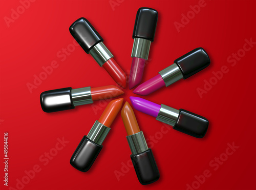 colorful lipstick on red background, 3D rendering image. 