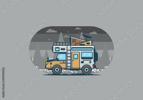 Strong big camper van camping illustration