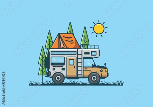 Strong big camper van camping illustration