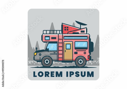 Strong big camper van camping illustration