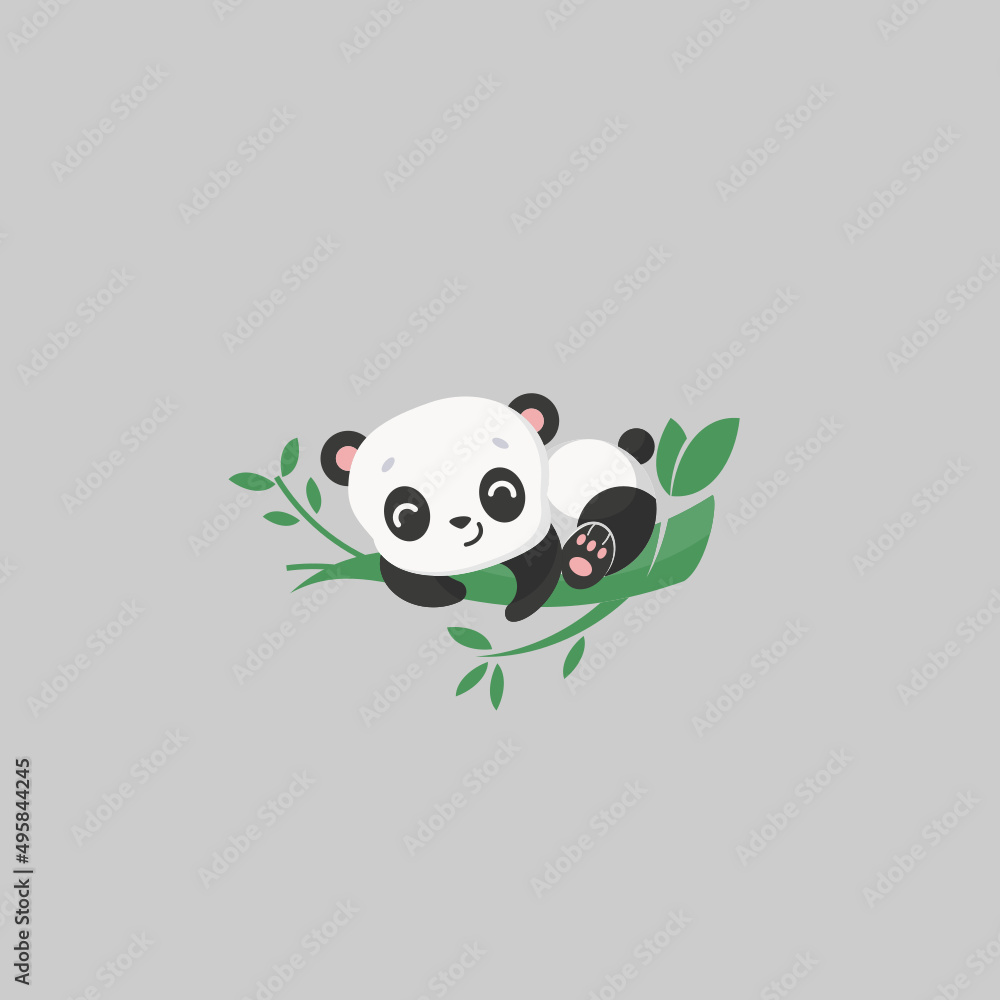 Obraz premium Illusration, logo mascot of panda or baby panda relaxing on the bamboo tree on grey background