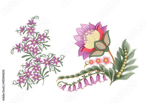 Fantasy flowers in retro, vintage, jacobean embroidery style. Element for design. Vector illustration.