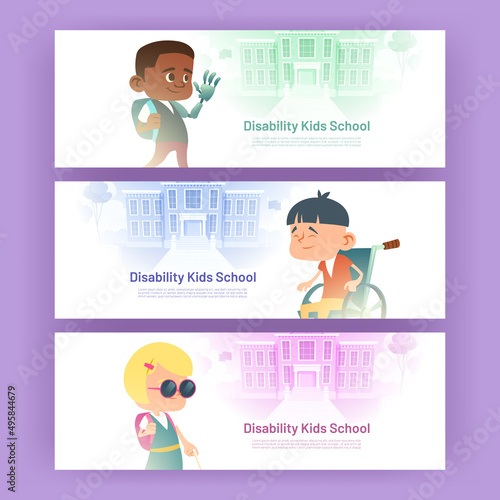 Disability kids school posters. Concept of education for children with special needs. Vector banners with cartoon illustration of boys in wheelchair, with arm prosthesis and blind girl