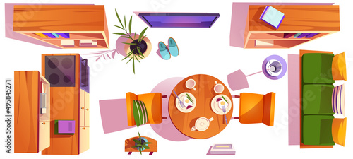 Kitchen, dining and living room in house, studio apartment or hotel. Vector cartoon illustration of furniture top view, table, stove, counter, tv set, chairs, bookcases and bench with pillows