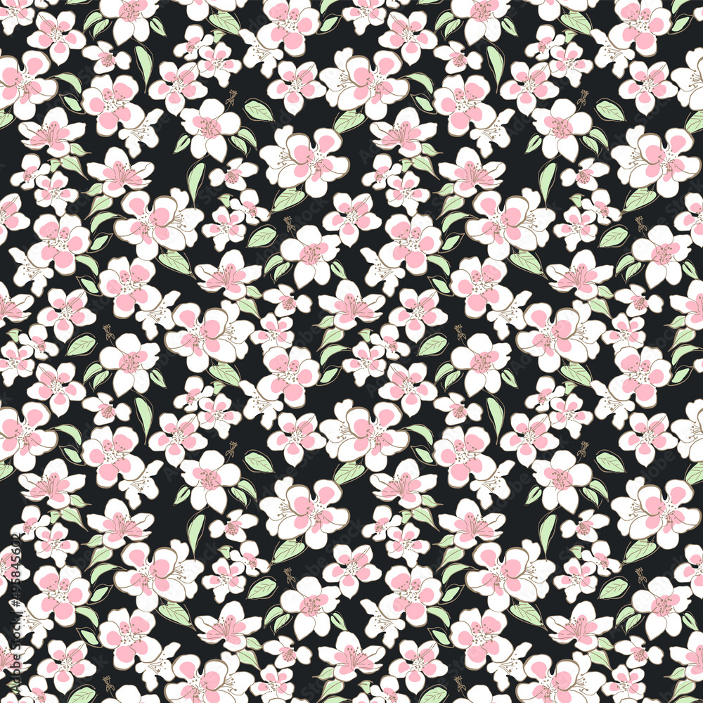 Apple blossom seamless pattern on dark background