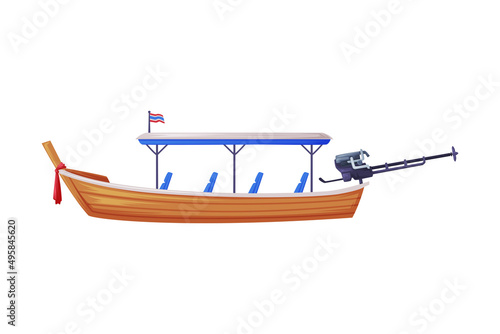 Wooden Long-tail Boat as Thailand Symbol and Famous Transport Vector Illustration