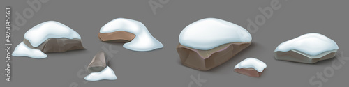 Boulders and stones with snow heap. Hard rock rubbles, granite blocks in winter. Vector realistic set of 3d gray solid mountain debris, rocky cobbles under snowdrift isolated on background