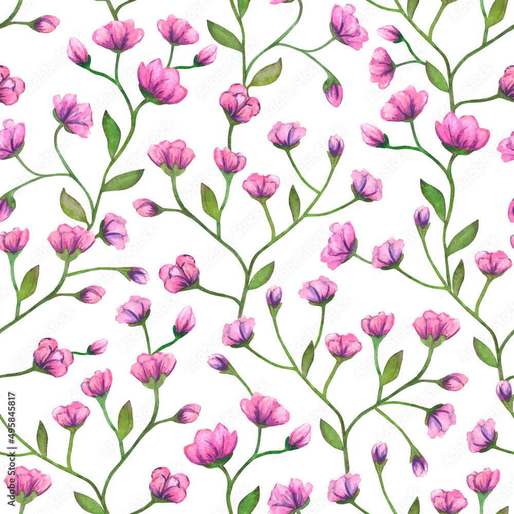 Seamless pattern with pink flowers, leaves and stems on a white background. Painted in watercolor.