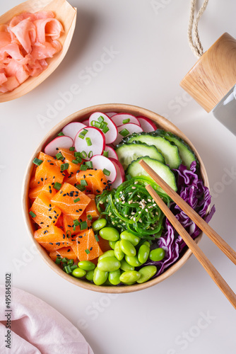 Vegan Poke bowl with Plant based salmon  wakame and edamame