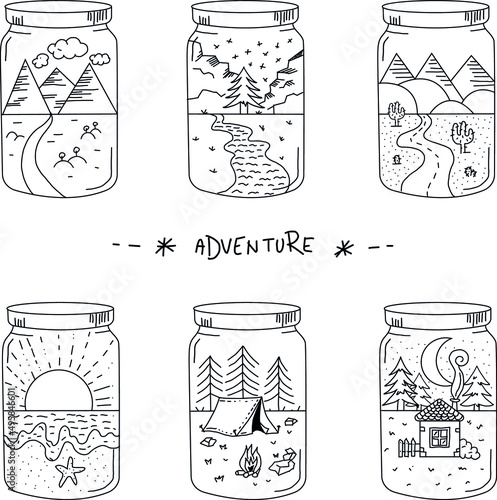 Set of line-drawing memories from travel and adventures in jars