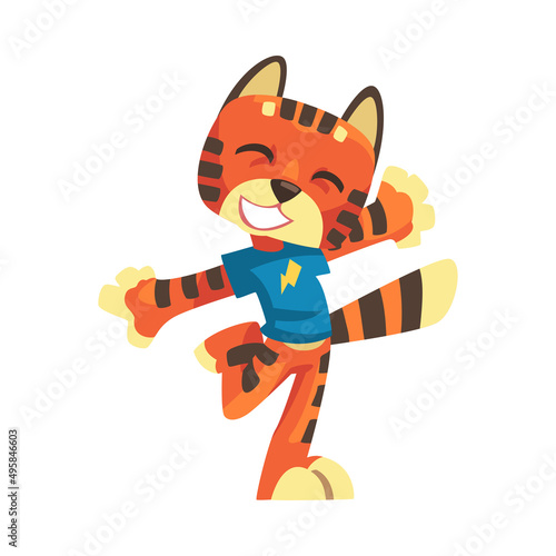 Striped Tiger Character with Orange Fur Wearing Blue Sweatshirt Rejoicing Vector Illustration