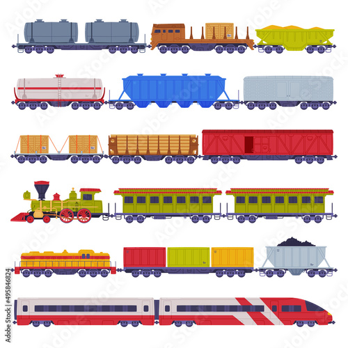 Train or Locomotive with Wagon Pulling Freight and Cargo Vector Set