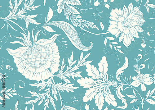 Fantasy flowers in retro, vintage, jacobean embroidery style. Seamless pattern, background. Vector illustration.