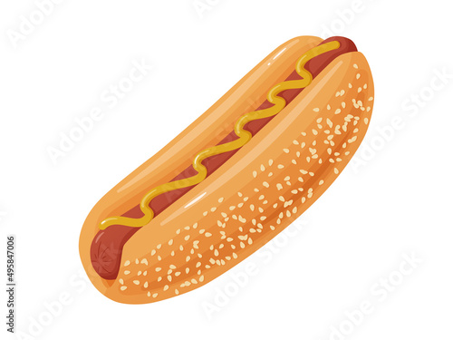 Hot Dog. Illustration fast food in cartoon style. Sausage in a bun with mustard.